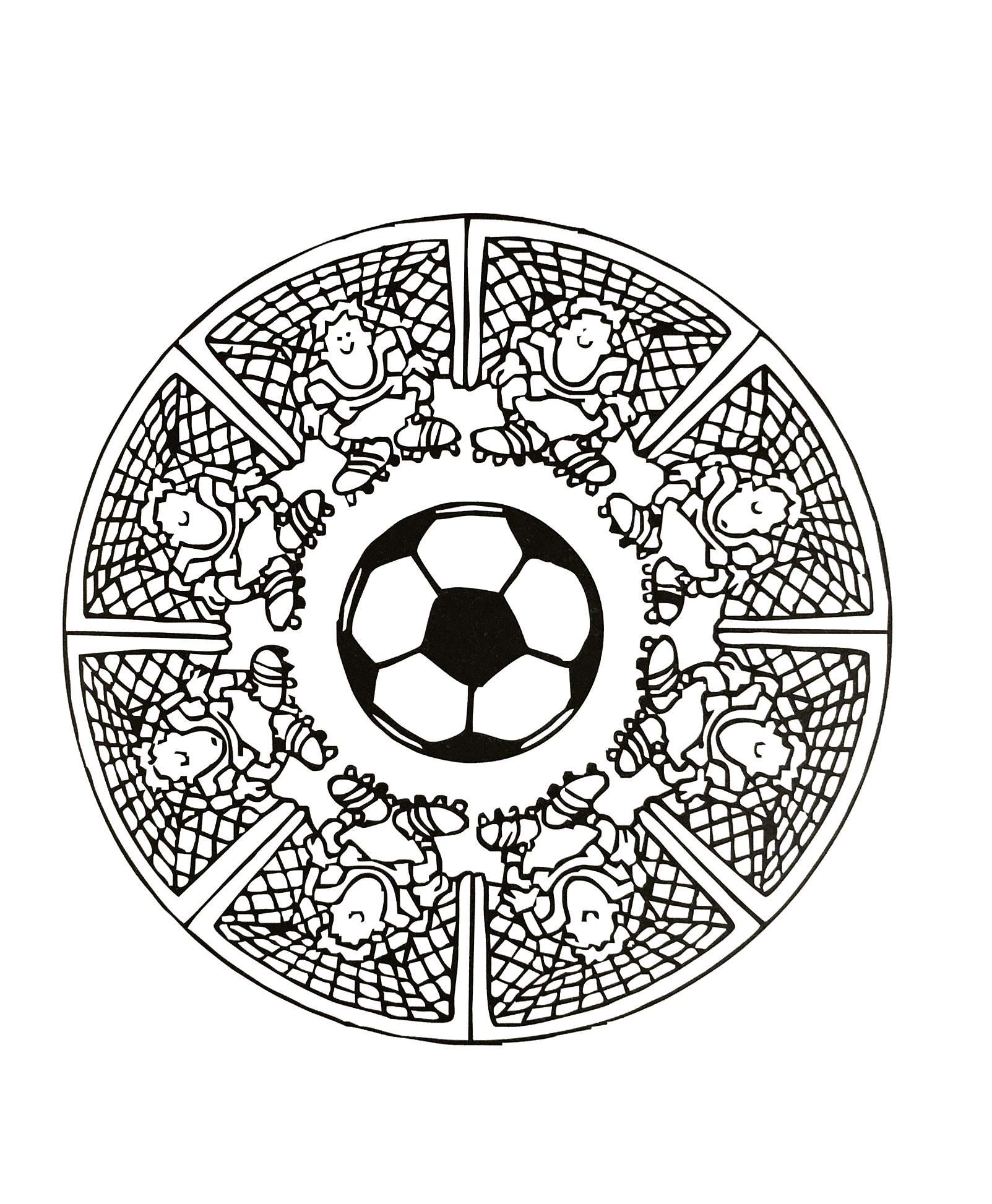 Mandala do futebol, ilustrando um gol, um homenzinho de chuteira e uma bola de futebol no centro.